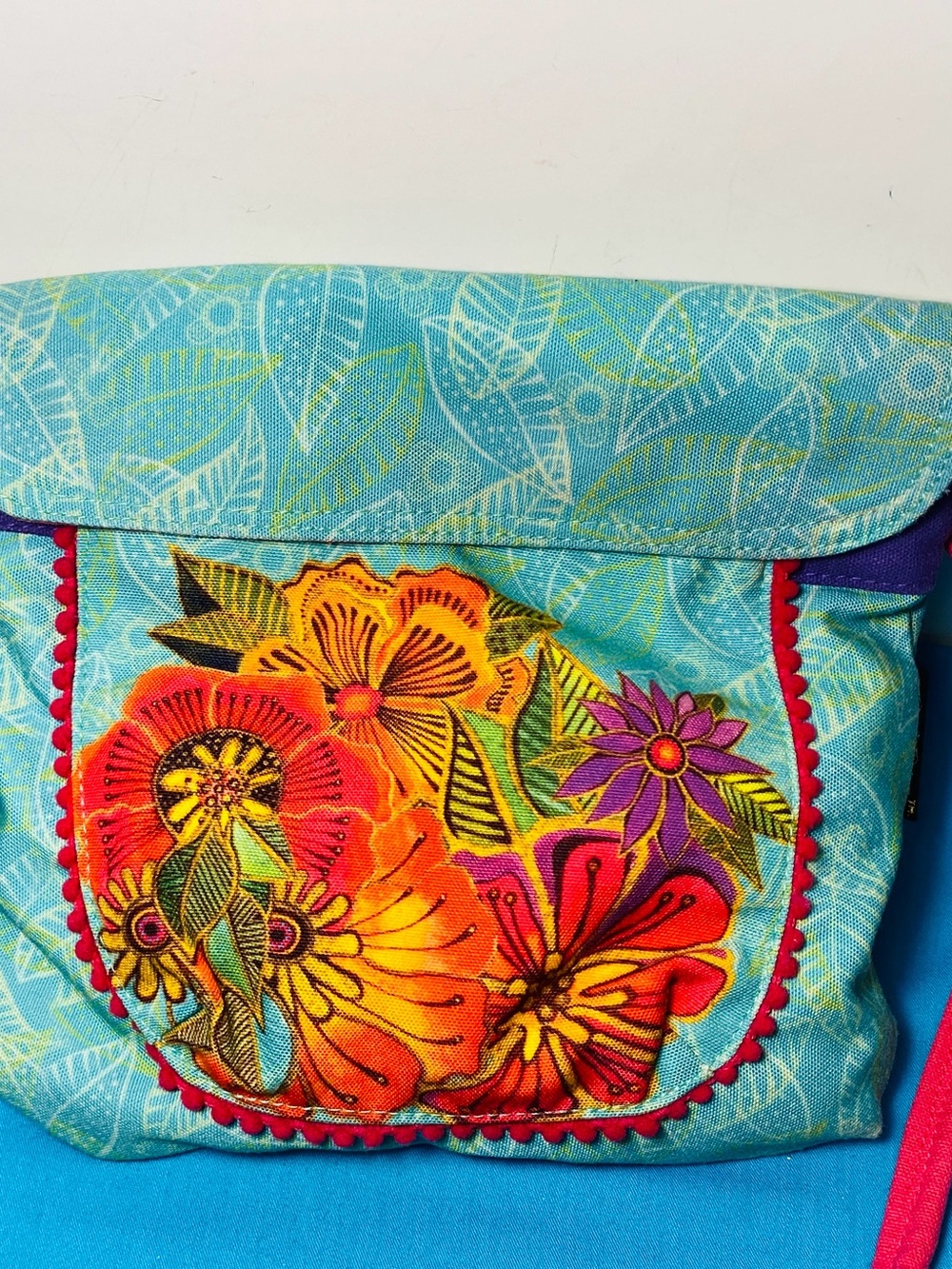 Laurel Burch Turquoise Floral Embroidered Crossbody with Pink Strap